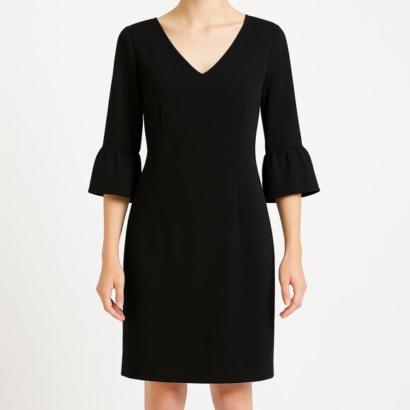 Lafayette 148 NY Black Dress V Neck Bell Sleeve Knee Length Sheath XL NWT - Picture 1 of 10